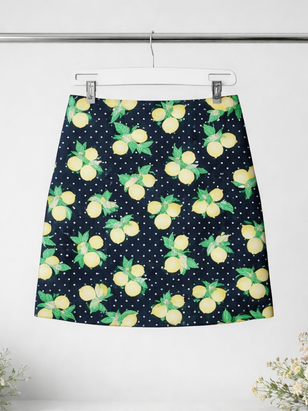 Talbots Navy Lemon Print A-Line Skirt with Green Leaves